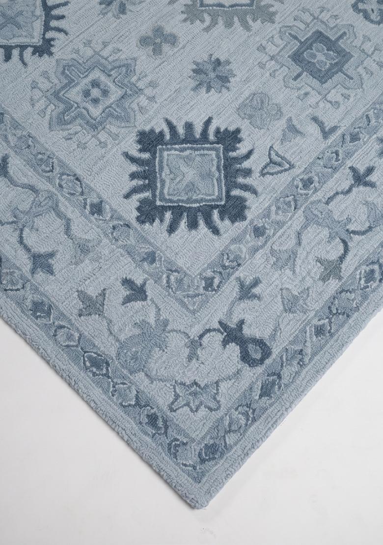 Saffron Rugs Hand Tufted Light Steel Blue Geometric Classic Rectangular Wool Area Rug - Indya