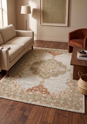 Saffron Rugs Hand Tufted Cream Ivory Floral Classic Rectangular Wool Area Rug