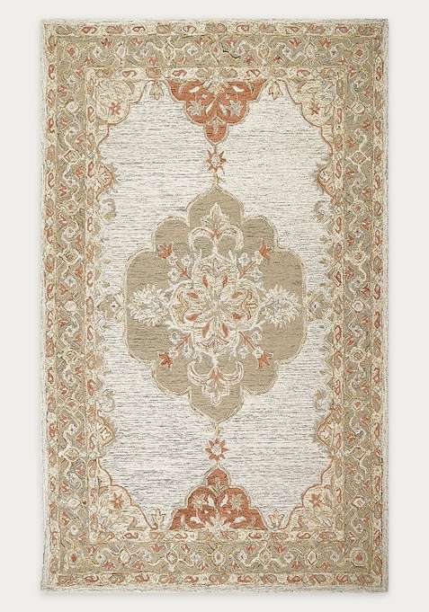 100% Wool Handmade Cream Ivory Rug | Classic Floral Carpet With Cotton Backing For Living Room