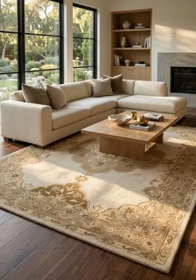 Saffron Rugs Hand Tufted Ivory Gold Beige Floral Classic Rectangular Wool Area Rug