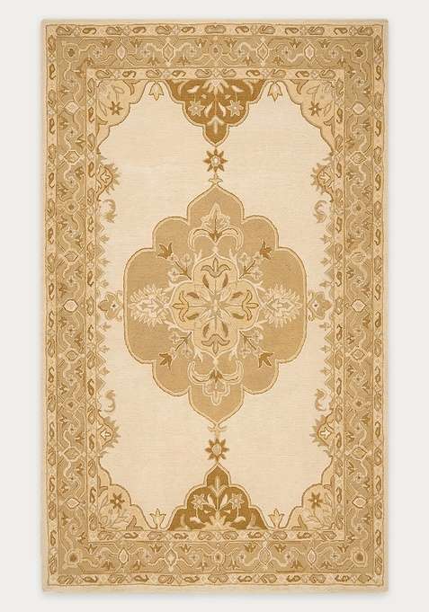 100% Wool Handmade Ivory Gold Beige Rug | Classic Floral Carpet With Cotton Backing For Living Room