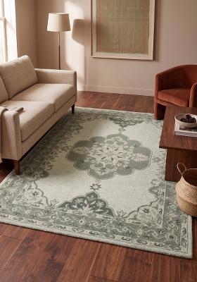 Saffron Rugs Hand Tufted Sage Green Floral Classic Rectangular Wool Area Rug