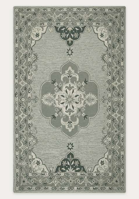 100% Wool Handmade Sage Green Rug | Classic Floral Carpet With Cotton Backing For Living Room