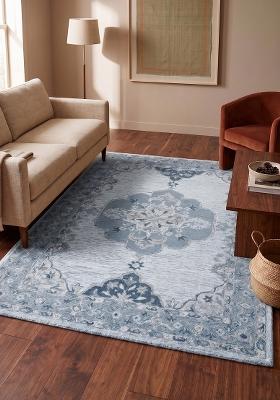 Saffron Rugs Hand Tufted Light Steel Blue Floral Classic Rectangular Wool Area Rug
