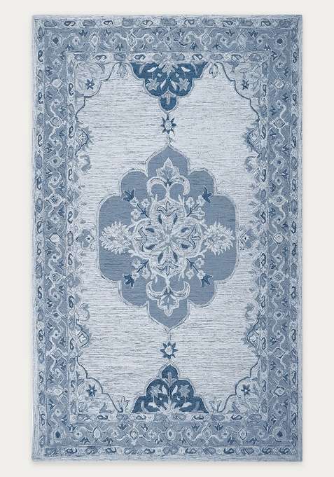 100% Wool Handmade Light Steel Blue Rug | Classic Floral Carpet With Cotton Backing For Living Room