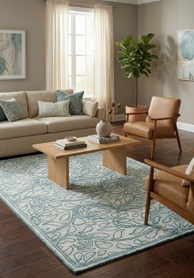 Saffron Rugs Hand Tufted Teal Blue Floral Transitional Rectangular Wool Area Rug
