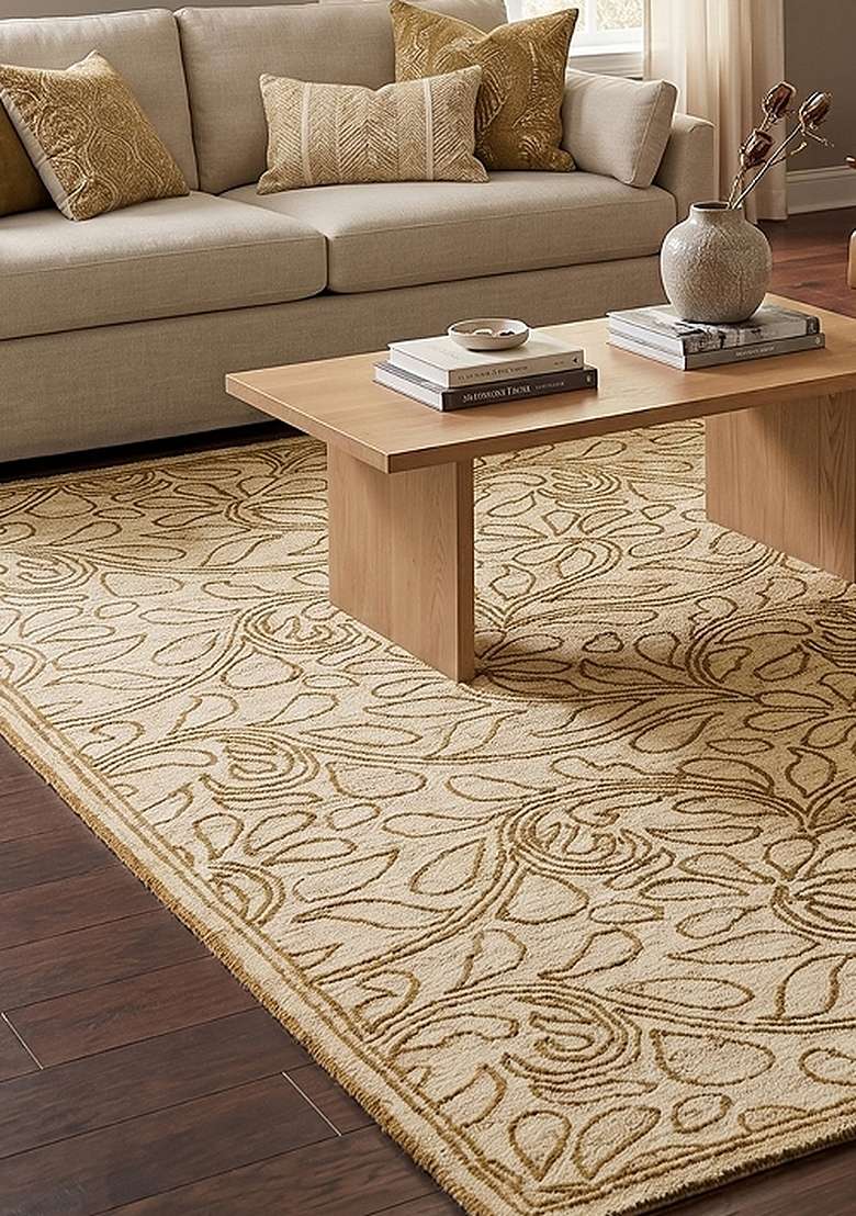 100% Wool Handmade Cream Gold Rug | Transitional Floral Carpet With Cotton Backing For Living Room - Indya