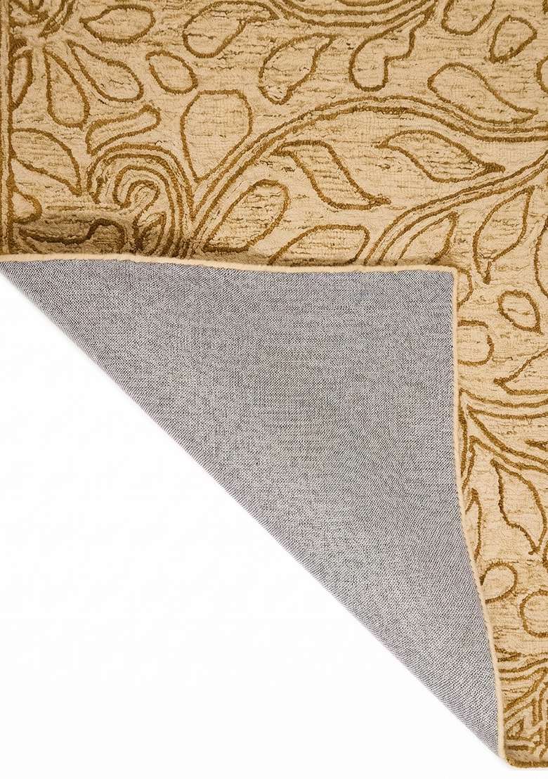 100% Wool Handmade Cream Gold Rug | Transitional Floral Carpet With Cotton Backing For Living Room - Indya