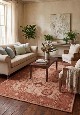 Saffron Rugs Hand Tufted Coral Terracotta Floral Oriental Rectangular Wool Area Rug