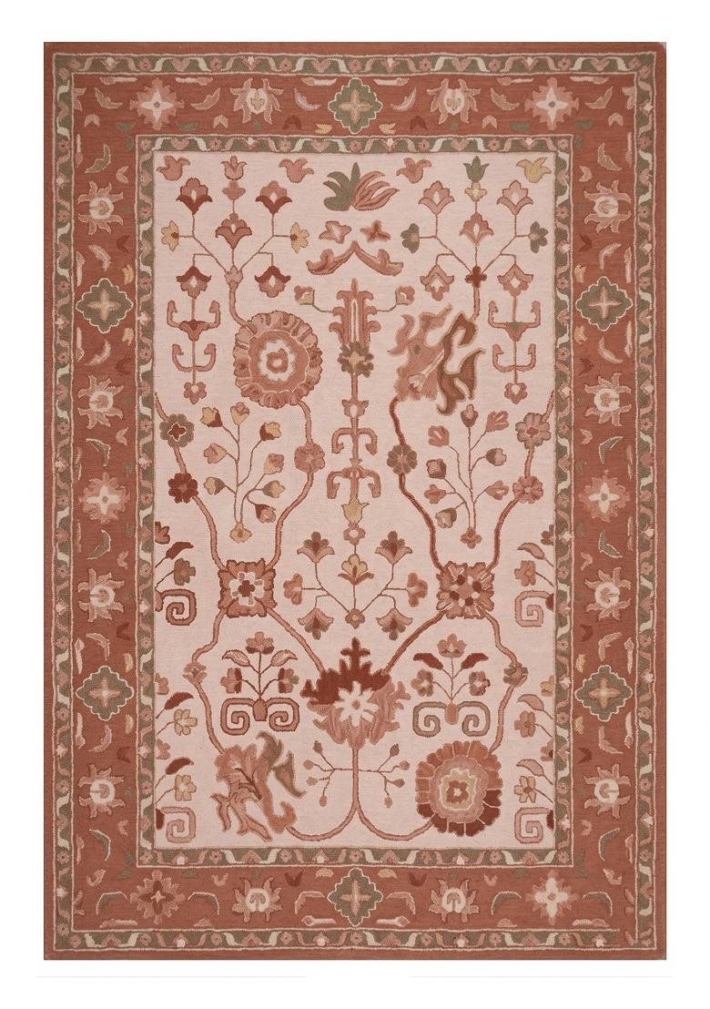 Saffron Rugs Hand Tufted Coral Terracotta Floral Oriental Rectangular Wool Area Rug - Indya