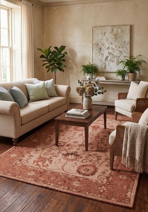 Saffron Rugs Hand Tufted Coral Terracotta Floral Oriental Rectangular Wool Area Rug