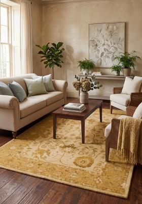 Saffron Rugs Hand Tufted Ivory Gold Floral Oriental Rectangular Wool Area Rug
