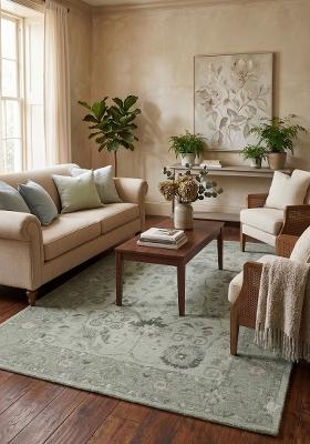 Saffron Rugs Hand Tufted Sage Green Grey Floral Oriental Rectangular Wool Area Rug