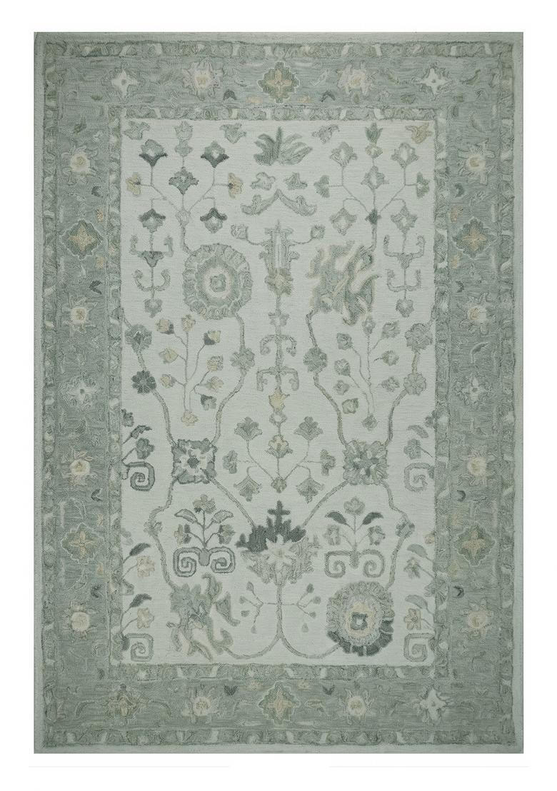 Saffron Rugs Hand Tufted Sage Green Grey Floral Oriental Rectangular Wool Area Rug - Indya