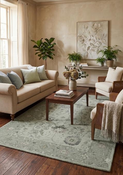 Saffron Rugs Hand Tufted Sage Green Grey Floral Oriental Rectangular Wool Area Rug