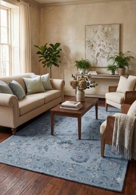 Saffron Rugs Hand Tufted Dusty Blue Floral Oriental Rectangular Wool Area Rug
