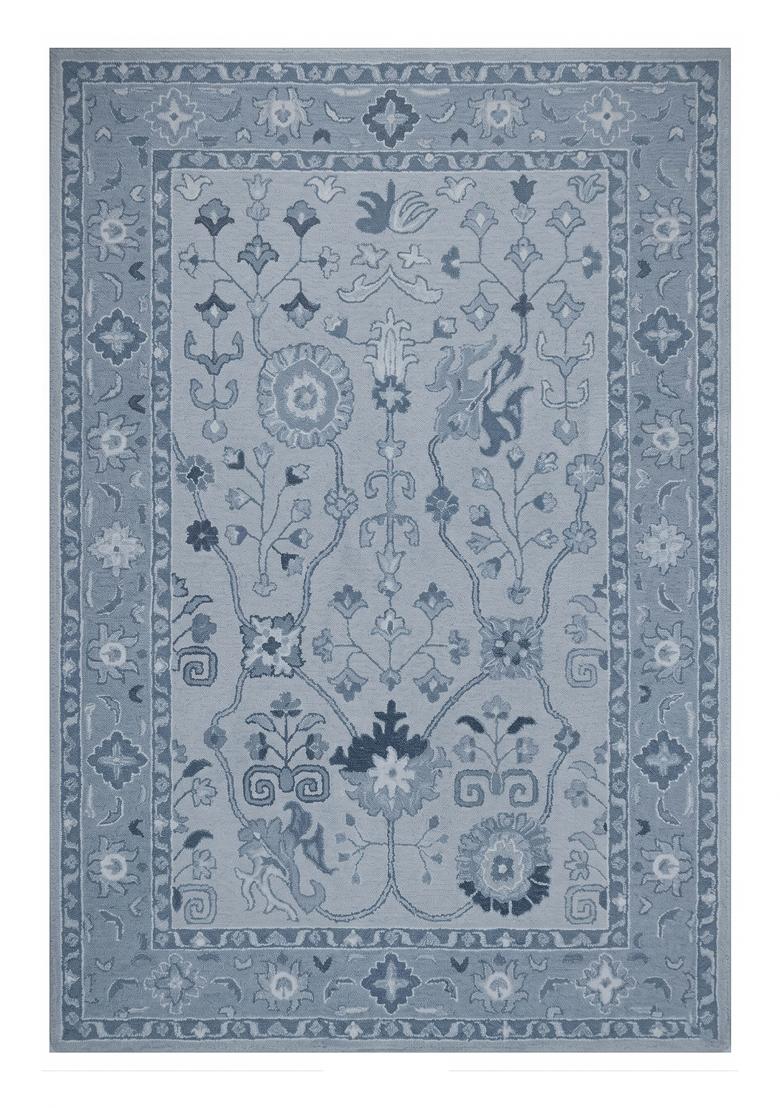 Saffron Rugs Hand Tufted Dusty Blue Floral Oriental Rectangular Wool Area Rug - Indya
