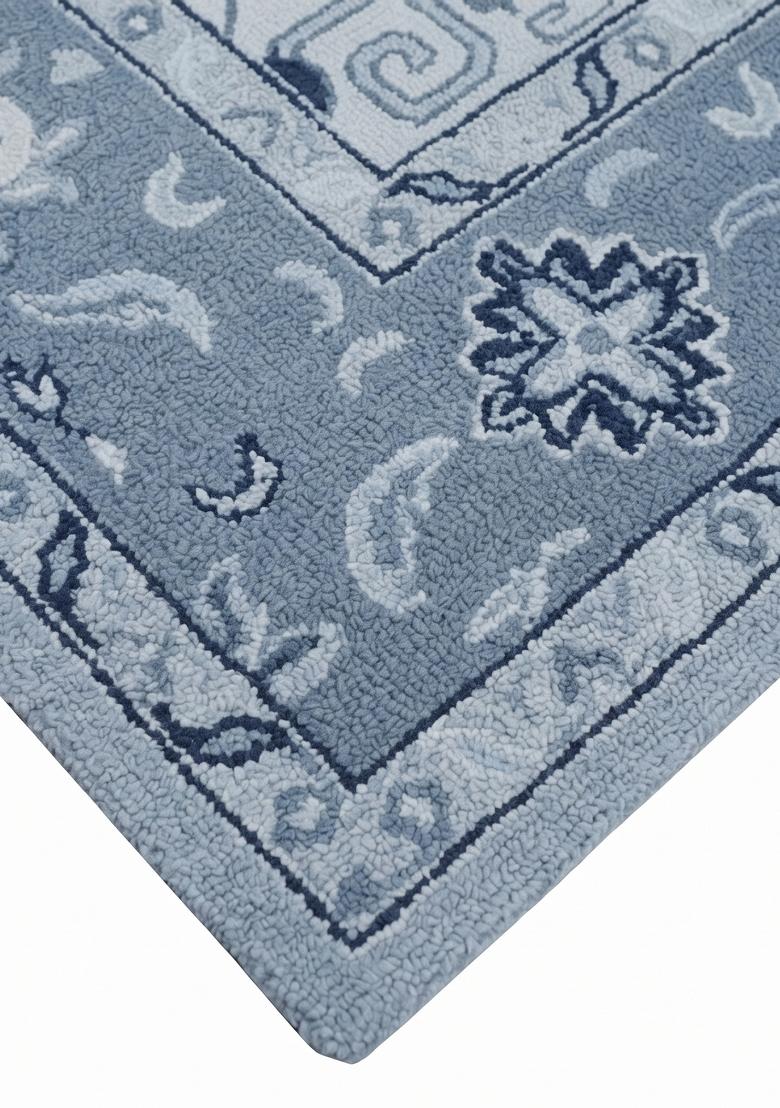 Saffron Rugs Hand Tufted Dusty Blue Floral Oriental Rectangular Wool Area Rug - Indya