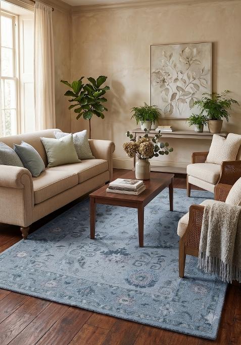 Saffron Rugs Hand Tufted Dusty Blue Floral Oriental Rectangular Wool Area Rug