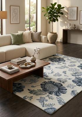 Saffron Rugs Hand Tufted Ivory Blue  Transitional Rectangular Wool Area Rug