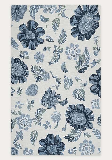 100% Wool Handmade Ivory Blue Rug | Transitional Floral Carpet With Cotton Backing For Living Room