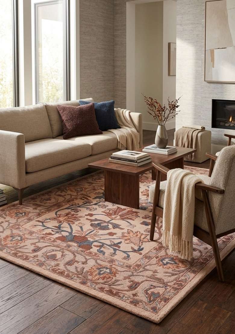 Saffron Rugs Hand-Tufted 100% Wool Area Rug | Blush Peach Rectangular Rug | Cotton Backing | Classic Floral Home Decor Carpet for Living Room - Indya