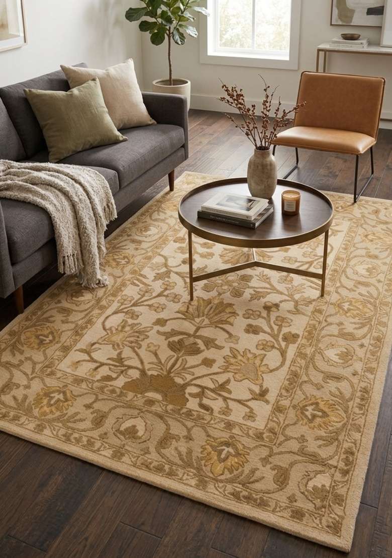 Saffron Rugs Hand-Tufted 100% Wool Area Rug | Ivory Gold Beige Rectangular Rug | Cotton Backing | Classic Floral Home Decor Carpet for Living Room - Indya