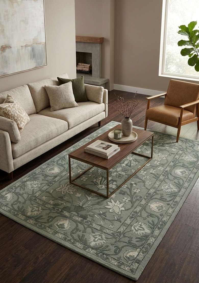 Saffron Rugs Hand-Tufted 100% Wool Area Rug | Sage Green Rectangular Rug | Cotton Backing | Classic Floral Home Decor Carpet for Living Room - Indya