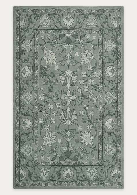 100% Wool Handmade Sage Green Rug | Classic Floral Carpet With Cotton Backing For Living Room