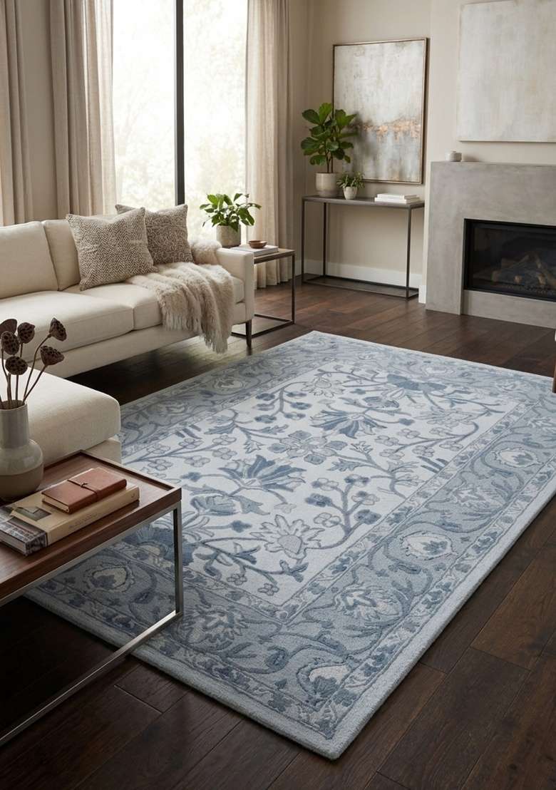 Saffron Rugs Hand-Tufted 100% Wool Area Rug | Light Blue Rectangular Rug | Cotton Backing | Classic Floral Home Decor Carpet for Living Room - Indya