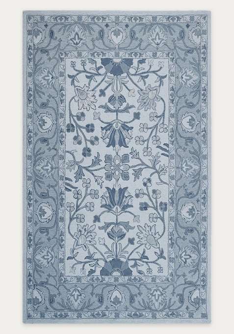 100% Wool Handmade Light Blue Rug | Classic Floral Carpet With Cotton Backing For Living Room