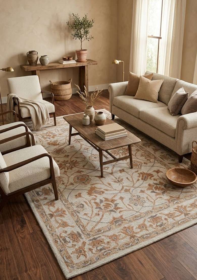 Saffron Rugs Hand-Tufted 100% Wool Area Rug | Ivory Cream Rectangular Rug | Cotton Backing | Classic Floral Home Decor Carpet for Living Room - Indya