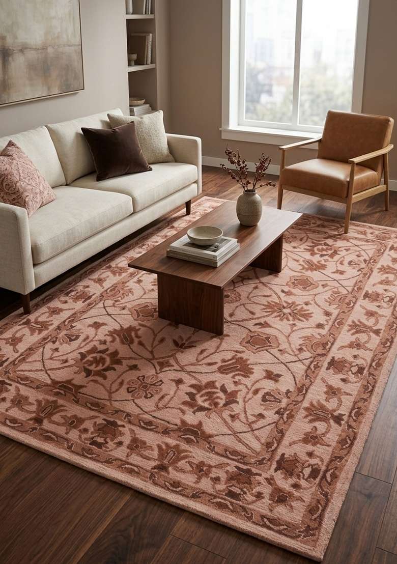 Saffron Rugs Hand-Tufted 100% Wool Area Rug | Blush Pink Rectangular Rug | Cotton Backing | Classic Floral Home Decor Carpet for Living Room - Indya