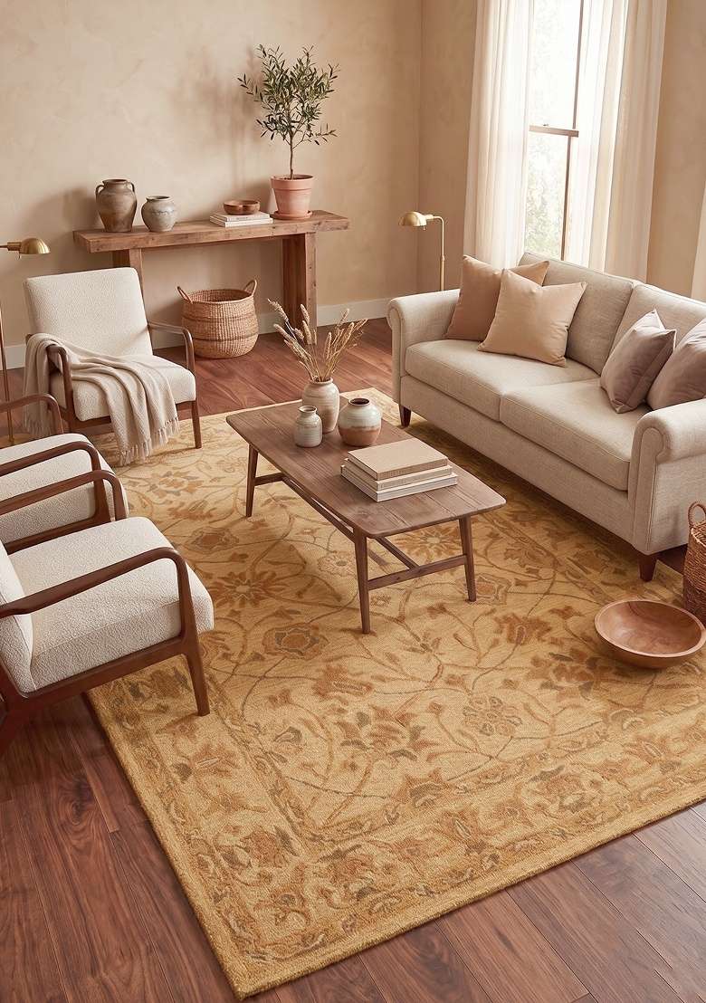 Saffron Rugs Hand-Tufted 100% Wool Area Rug | Gold Beige Rectangular Rug | Cotton Backing | Classic Floral Home Decor Carpet for Living Room - Indya