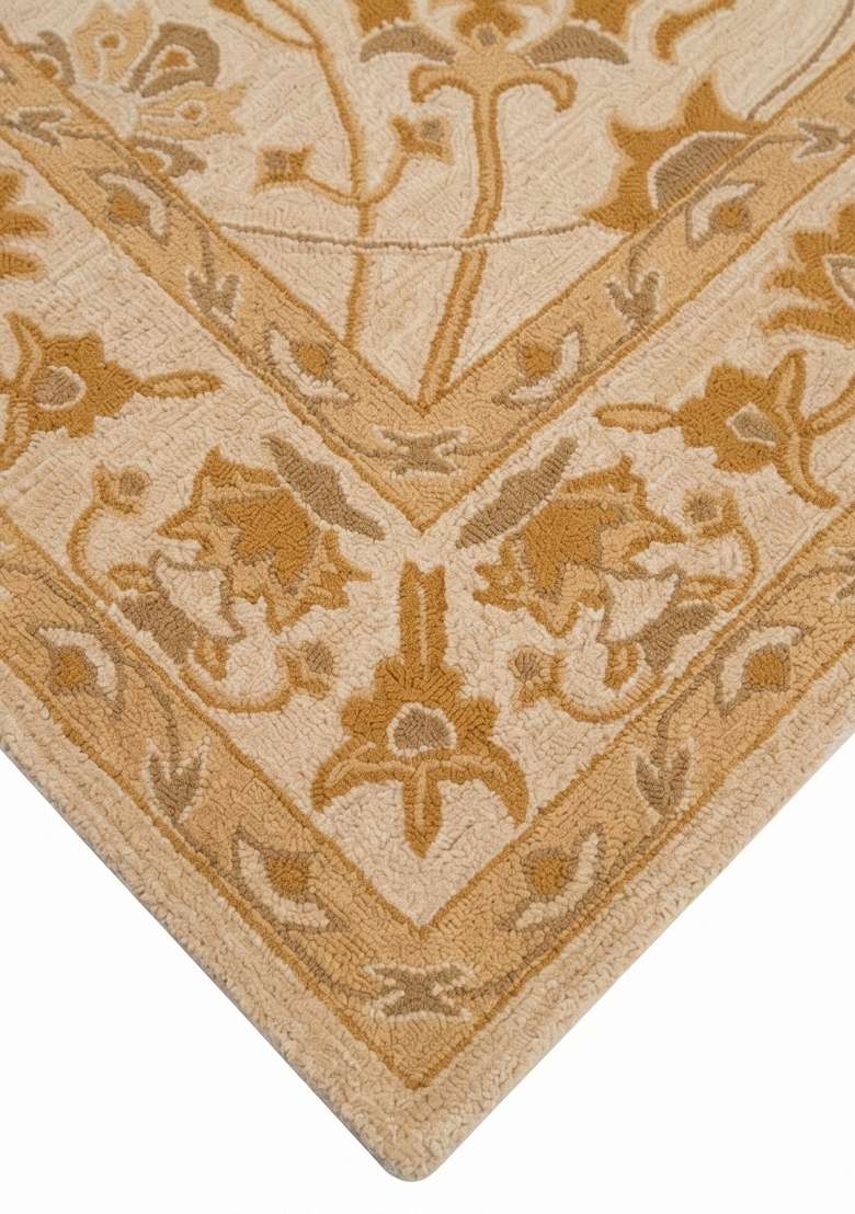 Saffron Rugs Hand-Tufted 100% Wool Area Rug | Gold Beige Rectangular Rug | Cotton Backing | Classic Floral Home Decor Carpet for Living Room - Indya