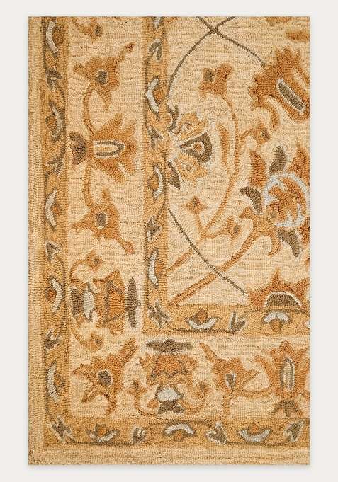 100% Wool Handmade Gold Beige Rug | Classic Floral Carpet With Cotton Backing For Living Room