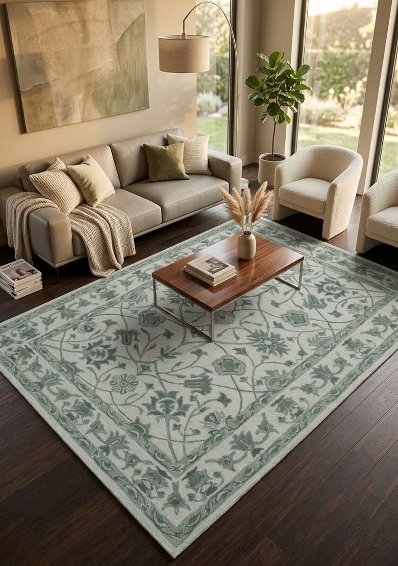 Saffron Rugs Hand-Tufted 100% Wool Area Rug | Sage Green Rectangular Rug | Cotton Backing | Classic Floral Home Decor Carpet for Living Room - Indya