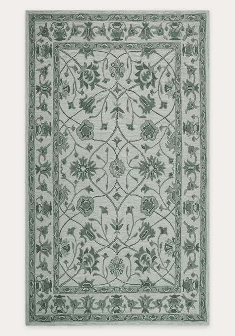 100% Wool Handmade Sage Green Rug | Classic Floral Carpet With Cotton Backing For Living Room