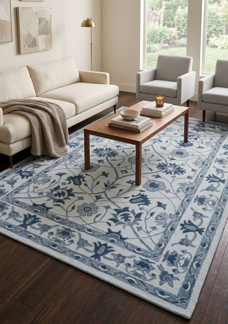 Saffron Rugs Hand-Tufted 100% Wool Area Rug | Blue Grey Rectangular Rug | Cotton Backing | Classic Floral Home Decor Carpet for Living Room - Indya