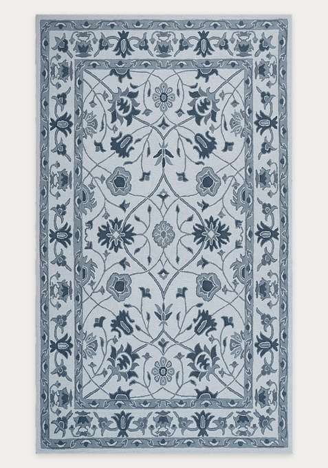 100% Wool Handmade Blue Grey Rug | Classic Floral Carpet With Cotton Backing For Living Room