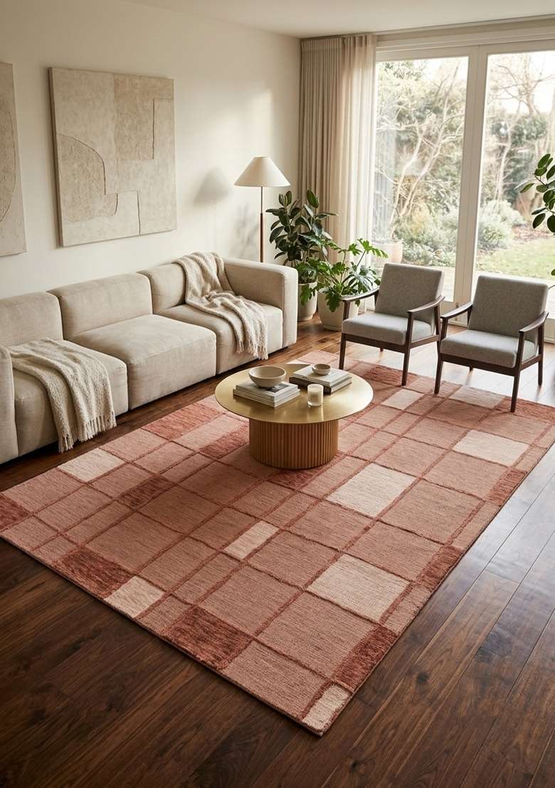 Saffron Rugs Hand-Tufted 100% Wool Area Rug | Terracotta Pink Rectangular Rug | Cotton Backing | Contemporary Geometric Home Decor Carpet for Bedroom - Indya
