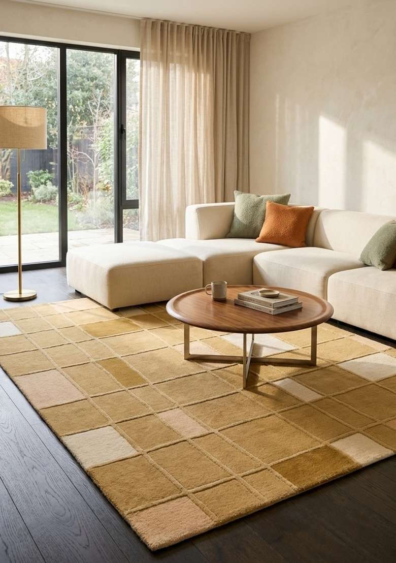 Saffron Rugs Hand-Tufted 100% Wool Area Rug | Golden Tan Rectangular Rug | Cotton Backing | Contemporary Geometric Home Decor Carpet for Bedroom - Indya