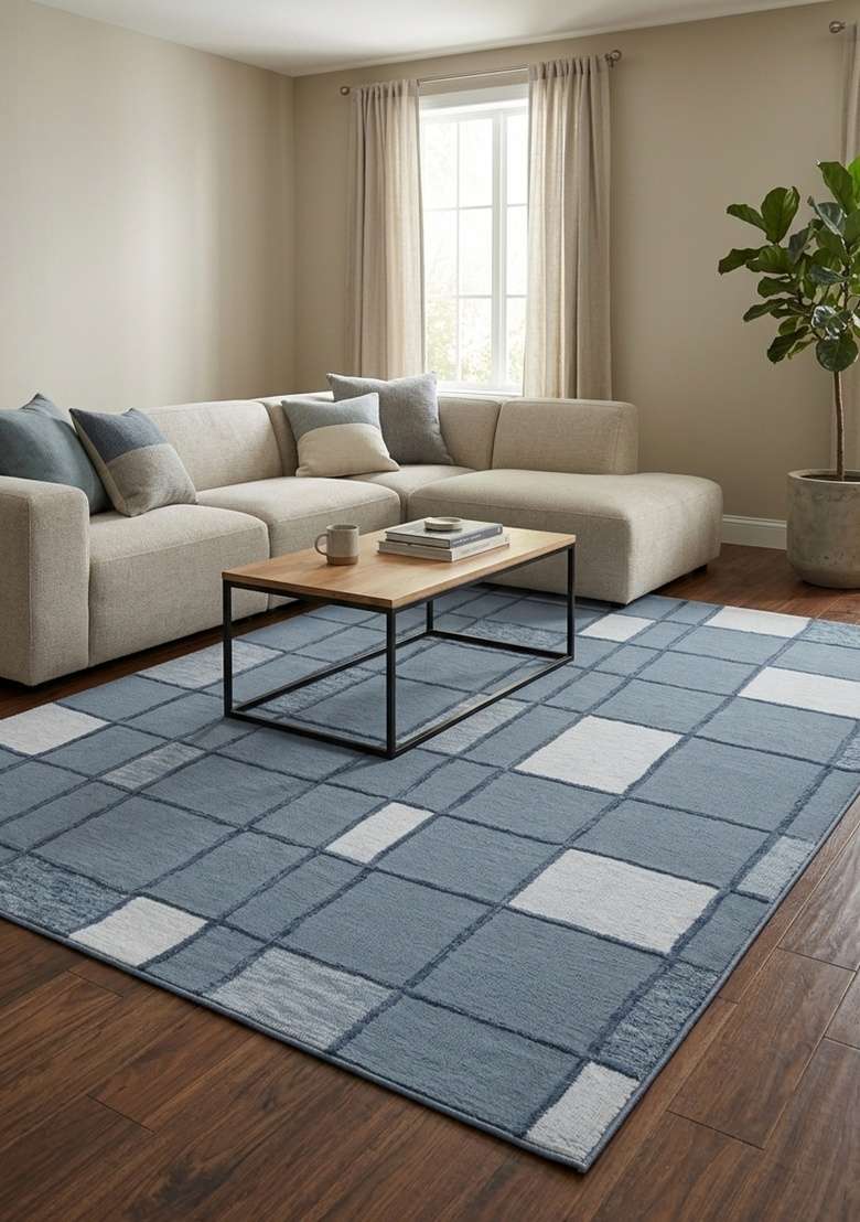 Saffron Rugs Hand-Tufted 100% Wool Area Rug | Steel Blue Rectangular Rug | Cotton Backing | Contemporary Geometric Home Decor Carpet for Bedroom - Indya