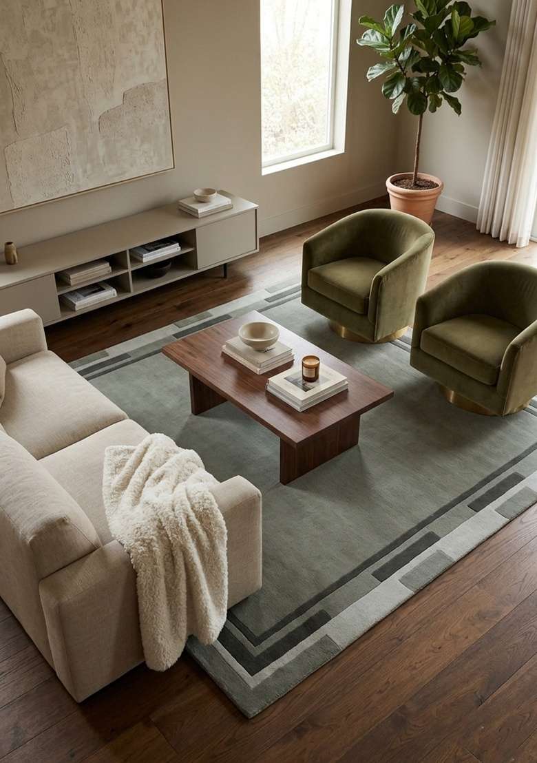 Saffron Rugs Hand-Tufted 100% Wool Area Rug | Sage Green Rectangular Rug | Cotton Backing | Contemporary Geometric Home Decor Carpet for Dining Room - Indya