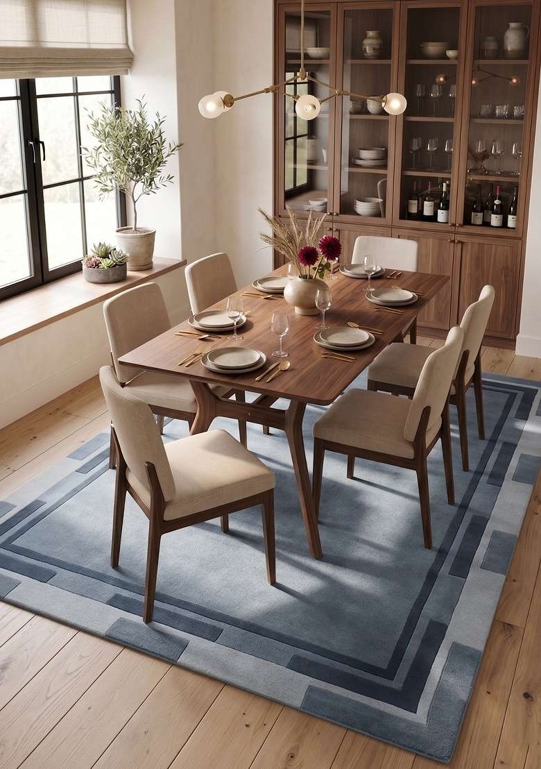 Saffron Rugs Hand-Tufted 100% Wool Area Rug | Steel Blue Rectangular Rug | Cotton Backing | Contemporary Geometric Home Decor Carpet for Dining Room - Indya