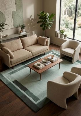 Saffron Rugs Hand Tufted Sage Green Geometric Contemporary Rectangular Wool Area Rug