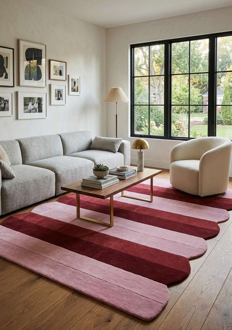 Saffron Rugs Hand-Tufted 100% Wool Area Rug | Pink and Maroon Scalloped Rug | Cotton Backing | Contemporary Striped Home Decor Carpet for Living Room - Indya