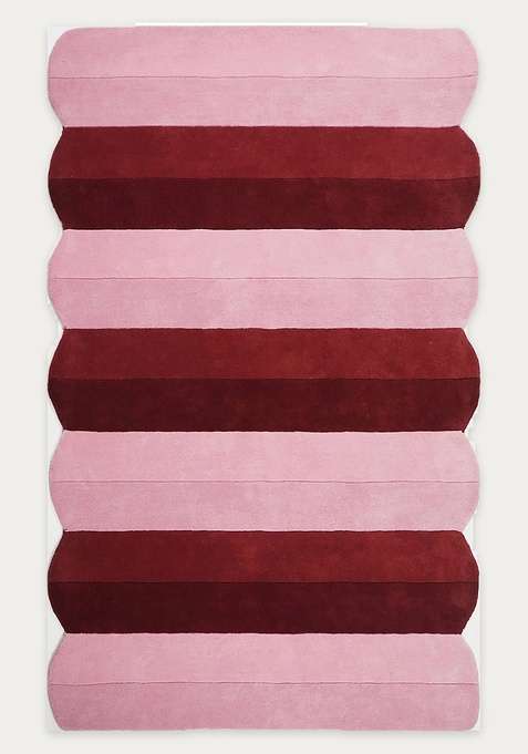 100% Wool Handmade Pink And Maroon Rug | Contemporary Striped Scalloped Carpet With Cotton Backing For Living Room