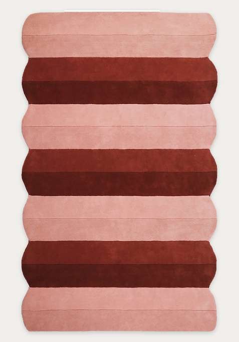 100% Wool Handmade Pink Mauve Rug | Contemporary Striped Scalloped Carpet With Cotton Backing For Living Room