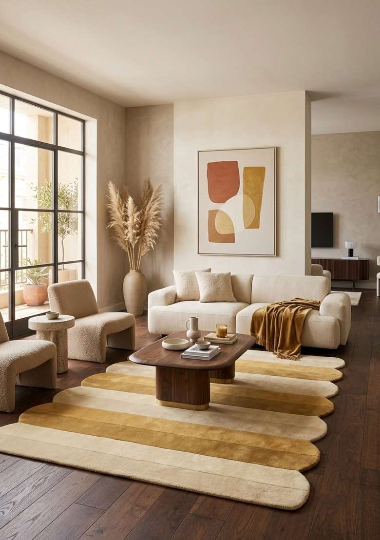 Saffron Rugs Hand-Tufted 100% Wool Area Rug | Golden Beige Scalloped Rug | Cotton Backing | Contemporary Striped Home Decor Carpet for Living Room - Indya